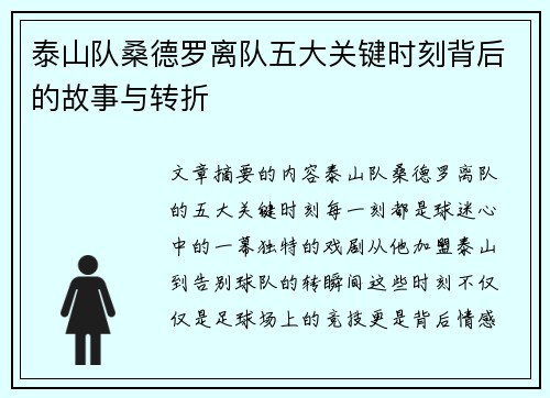 泰山队桑德罗离队五大关键时刻背后的故事与转折
