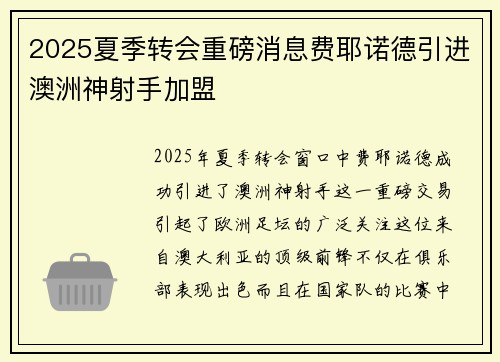 2025夏季转会重磅消息费耶诺德引进澳洲神射手加盟 2025夏季转会重磅消息费耶诺德引进澳洲神射手加盟