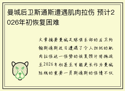 曼城后卫斯通斯遭遇肌肉拉伤 预计2026年初恢复困难